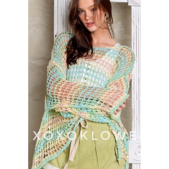 POL Sweaters - POL Tropical Striped Open Crochet Sweater Oversized